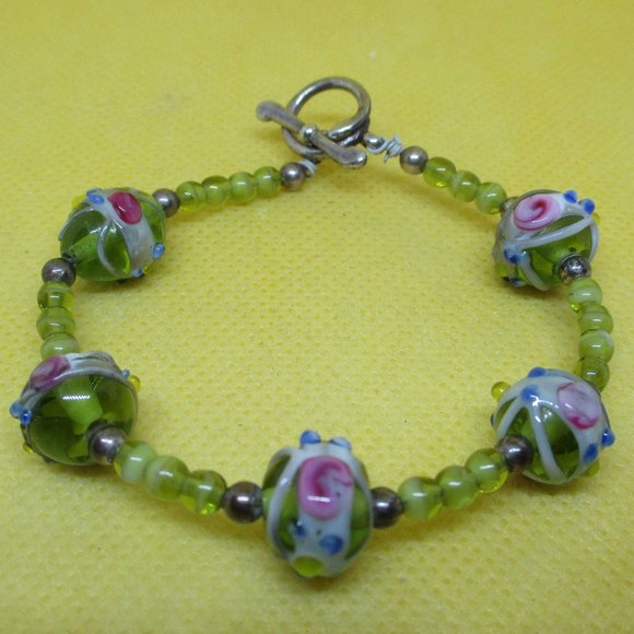 STERLING SILVER Peridot Colored WEDDING Cake Beaded Bracelet Venetian Murano Art - Picture 1 of 8